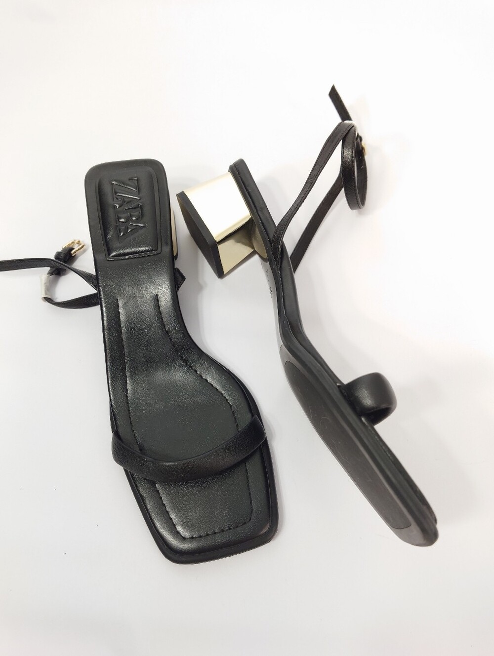Zara Black Ankle Strap Sandals Gold Block Heel Size 40